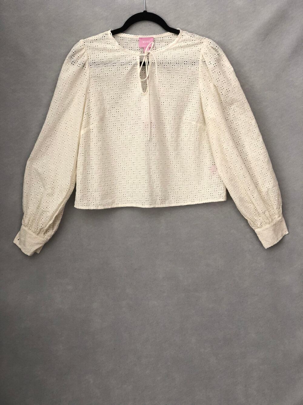 Muse Eyelet Top Long Sleeve Front Tie Off White Women's Size 8 NEW